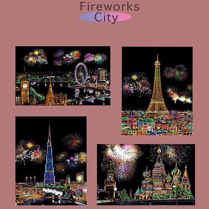 Georgie Porgy Scratch Paper Art A4 Set for Kids Adults Magic Rainbow Scratch Postcards Boards for DIY Arts and Crafts Kits Christmas Birthday Gift with Scratching Tools Kit (Beauty+Fireworks City)
