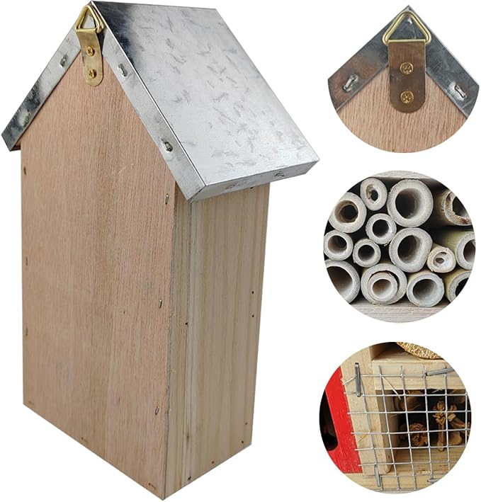 TIHOOD Natural Wooden Hanging Bee House for Gardens Natural Wooden Butterfly Hotel for Bee, Butterfly, Ladybirds, Habitat, Bee Hotel Garden