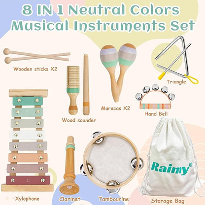 Raimy Musical Instruments Set - Neutral Colors Wooden Montessori Toys Percussion Music Modern Boho Xylophone Birthday Gifts for 1 2 3 Year Old Kids Baby Toddlers Boys Girls 3+ with Storage Bag
