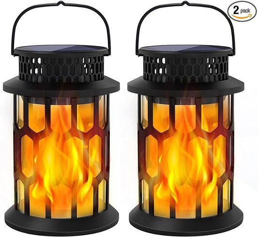 Solar Lights for Outside, Upgraded Solar Lanterns Flickering Flame Outdoor Waterproof Hanging Lanterns Decorative Solar Powered Outdoor Lighting LED Flame Garden Lights for Patio Deck Yard, 2 Packs