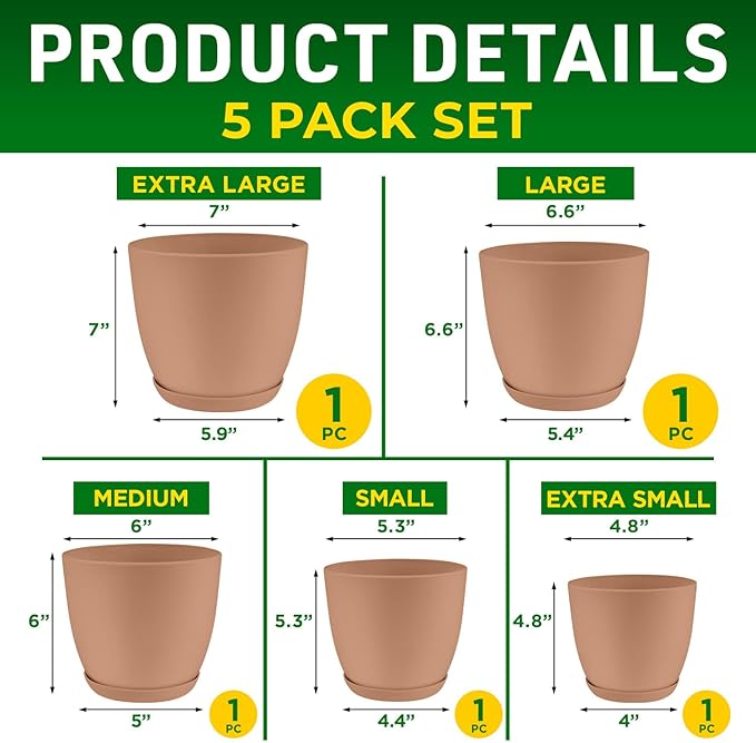 Planter Pots with Drainage Holes - Lightweight, Durable, and Space-Saving Pots for Indoor and Outdoor - Versatile Functionality, Simple Modern Design, Set of 5 Plastic Planter Pots - Pink