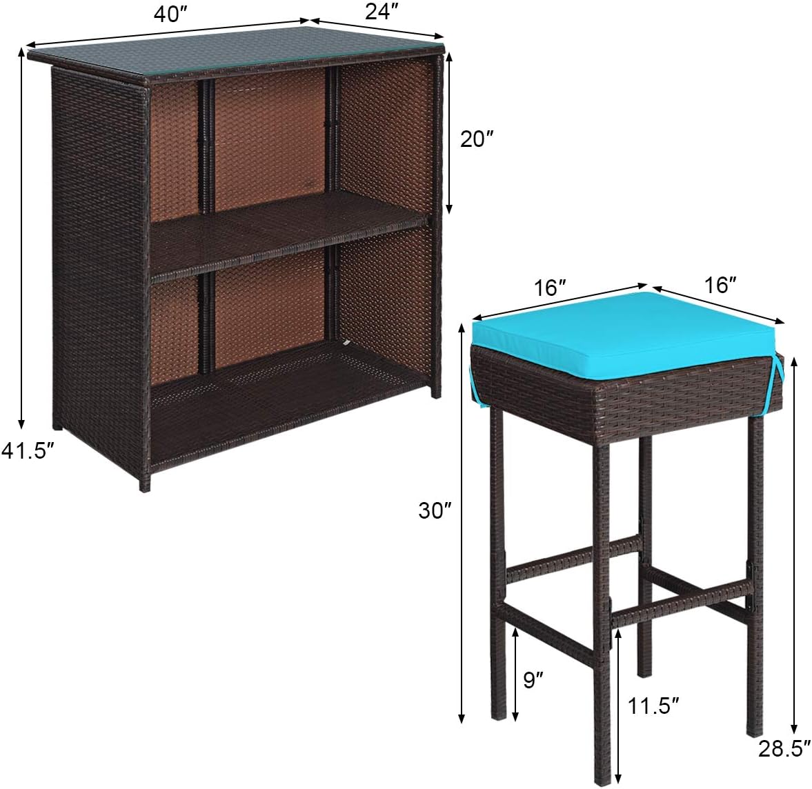 Tangkula Patio Bar Set, 3 Piece Outdoor Rattan Wicker Bar Set with 2 Cushions Stools & Glass Top Table, Outdoor Furniture Set for Patios Backyards Porches Gardens Poolside (Turquoise)