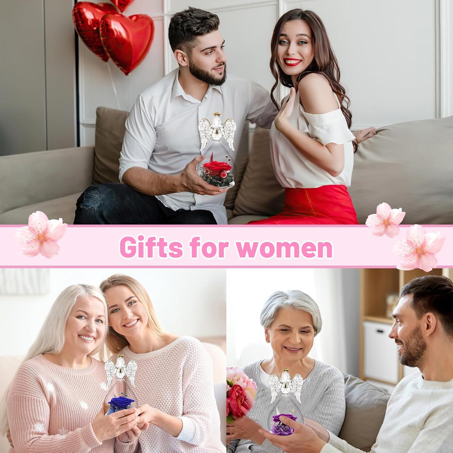 Yamonic Mom Birthday Gifts for Mom, Angel Figurines with Real Rose Gifts for Her Mom Grandma,Preserved Flowers Rose Angel Figurines for Mothers Day Christmas Anniversary Birthday Gifts for Her (Red)