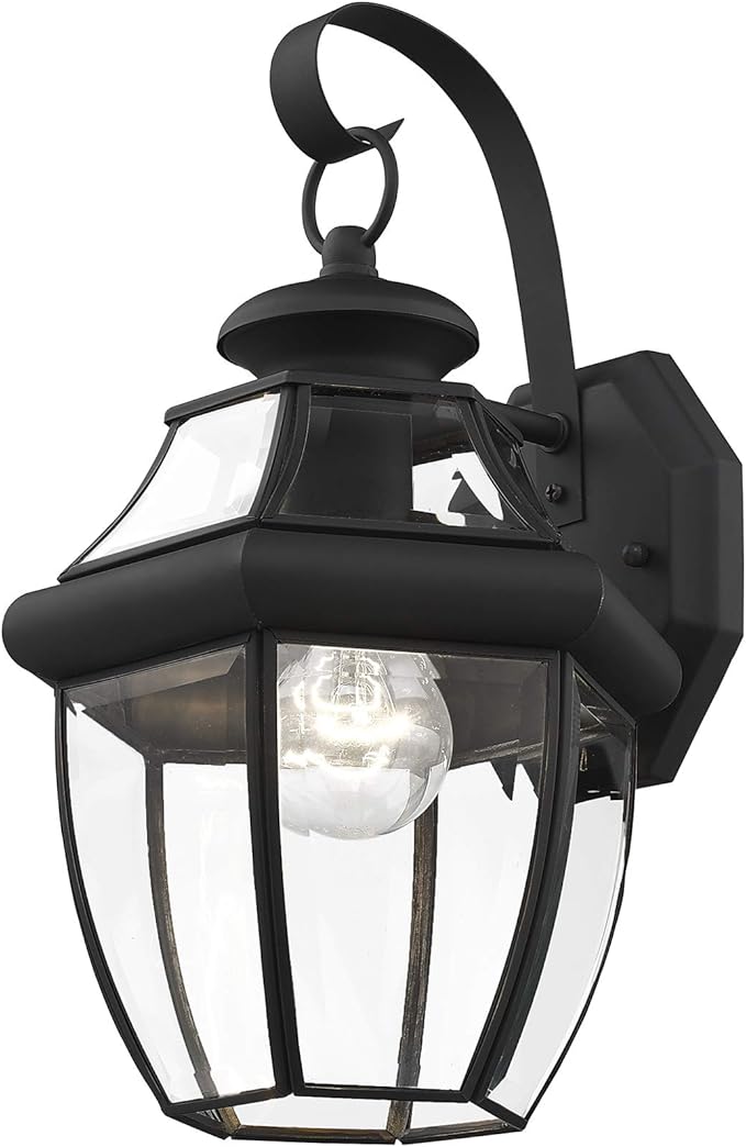 Livex Lighting 2151-04 Monterey 1 Light Outdoor Black Finish Solid Brass Wall Lantern with Clear Beveled Glass, 13" x 8.5" x 8.25"