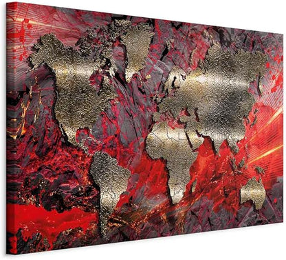 artgeist Canvas Wall Art World Map 24x16 in - 1pcs Home Decor Framed Stretched Picture Photo Painting Artwork Modern Art Image - Abstract Continents Map World Map Red k-A-0505-b-d
