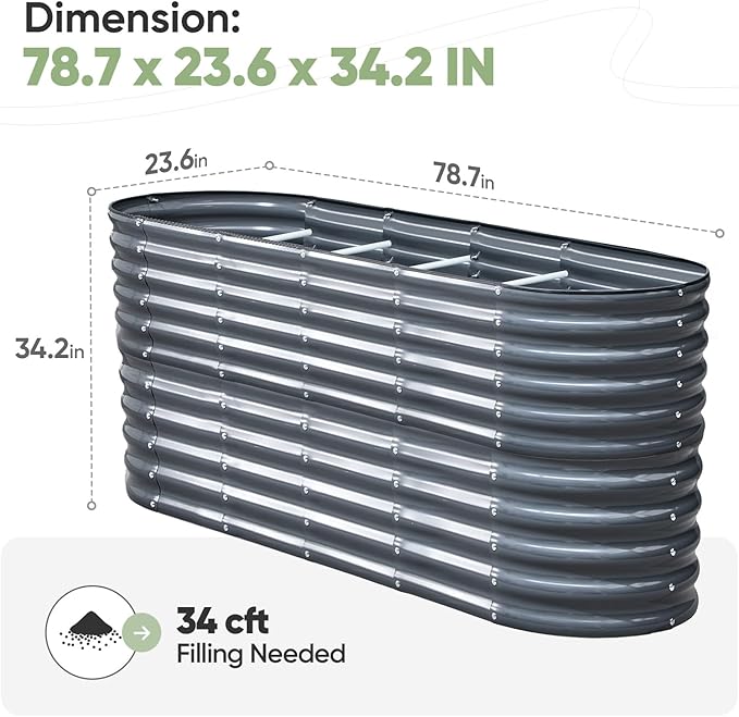 KING BIRD Raised Garden Bed 2.85 ft Tall 9 in 1 Galvanized Planter Garden Box Outdoor for Gardening, Deep Root Vegetables, Flowers 78.7X23.6X34.2 in, Dark Grey