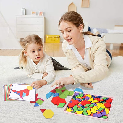 3 otters Wooden Pattern Blocks Shapes for Kids, Geometric Tangram Puzzle with Activity Cards, 150 PCS Educational Toy (Pack of 2)