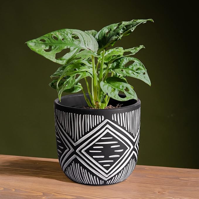 6 Inch Boho Planter Pots with Drainage Holes, 2 Pcs Terracotta Pots, Ceramic Plant Pots for Indoor Plants, Ferns, Vines, Succulents, and Outdoor Plants Growing, Gift for Plant Lovers（Black）