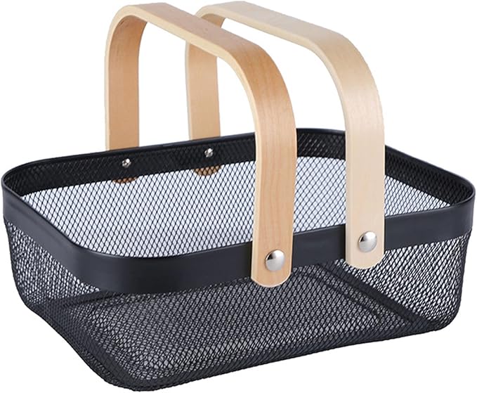 Metal Mesh Steel Basket, Storage Organizer Basket Garden Harvest Basket Multi-functional Kitchen Fruit Baskets Bin with Wooden Handle for Bathroom Picnic Shopping Decor Cabinet Home, Black