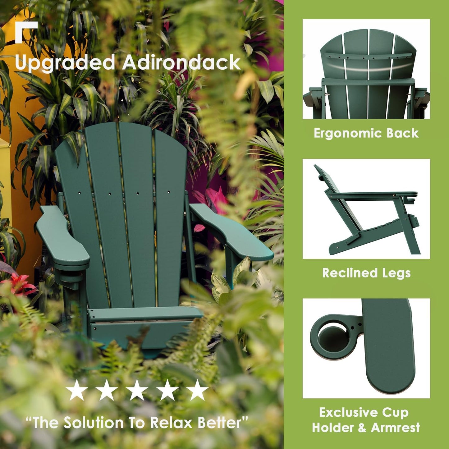 GREENVINES Folding-Adirondack-Chairs-Set-of-2 | HDPE Plastic | Fire Pit Chair | All Weather | Cup Holder | Forest | for Deck Backyard Patio Outdoor Garden