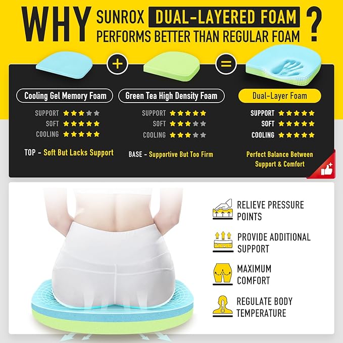 SUNROX Gel Memory Foam Chair Cushions, FadeShield Water-, Stain-Resistant Durable Reversible Seat Cushion Pads with Ties for Indoor/Outdoor Kitchen Dining Office, 19"x19", Set of 4, Heather Grey