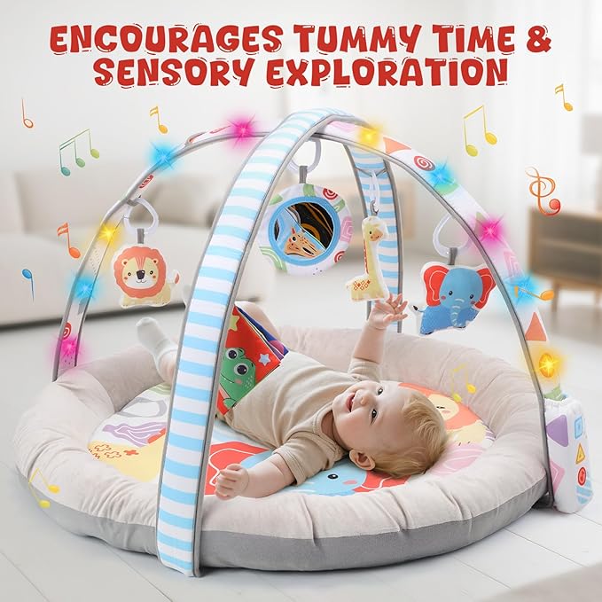 CUTE STONE Baby Gym Play Mat & Tummy Time Mat with Lights, Sounds, and Detachable Toys, Adjustable Volume Activity Gym for Infant Sensory & Motor Development, Newborn Baby Gift