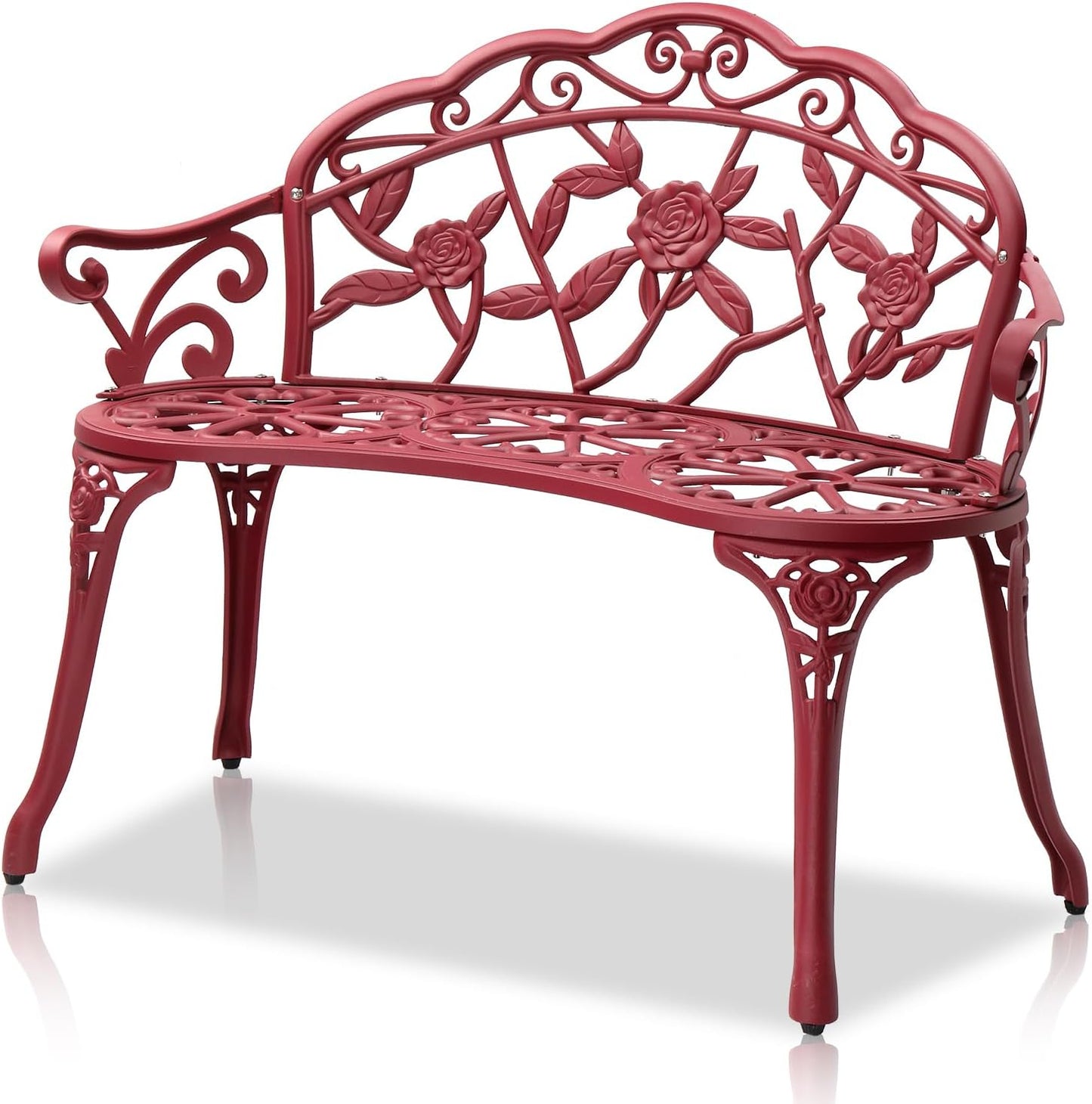 VINGLI 38.5" Patio Park Garden Outdoor Metal Rose Bench,Cast Aluminium Frame Antique Finish Chair,Accented Lawn Front Porch Path Yard Decor Deck Furniture for 2 Person Seat（Red