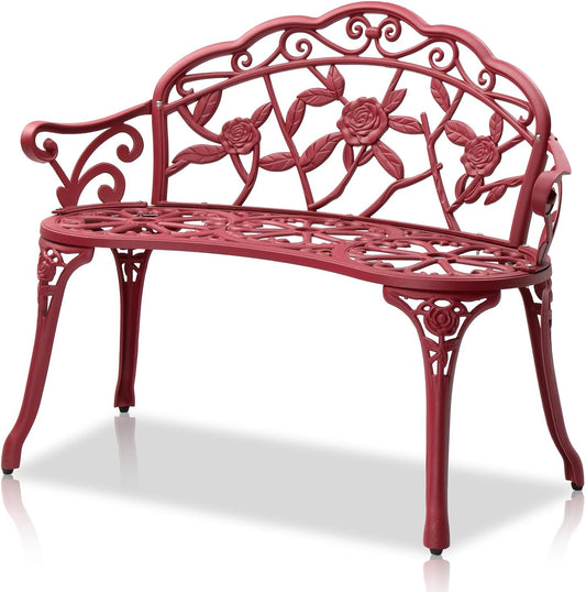VINGLI 38.5" Patio Park Garden Outdoor Metal Rose Bench,Cast Aluminium Frame Antique Finish Chair,Accented Lawn Front Porch Path Yard Decor Deck Furniture for 2 Person Seat（Red