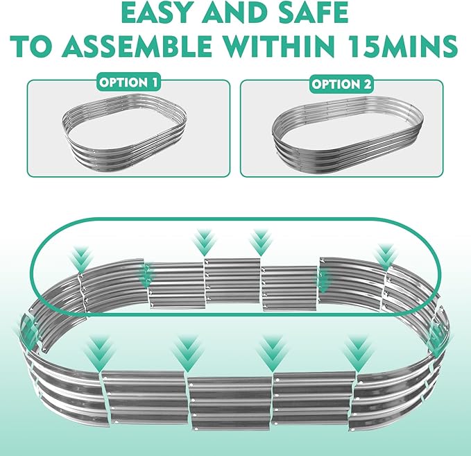 60X32X12 Inches Oval Galvanized Metal Garden Raised Bed/Plant Box for Planting,32 Inches Diameter Iron Fire Pit Ring,Small Animal Fence-3 in 1 Modular Design in Silver (5X2.7X1 FT, Oval)