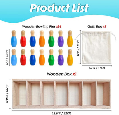 Color Matching Toy Set for Kids, Wooden Bowling Color Matching Game with 7 Bright Pins and Storage Bag, Matching Games for Kids Family Party Birthday Gift, Fun Party Game for Boys Girls