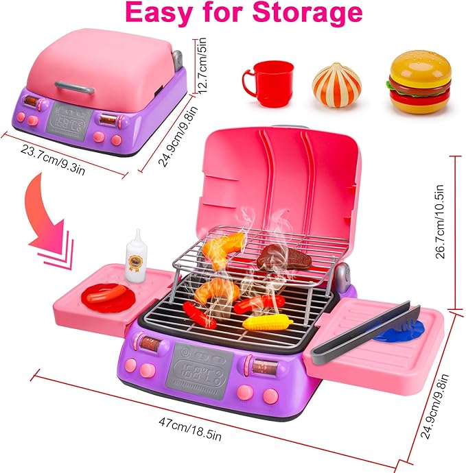 Kids BBQ Grill Playset Kitchen Toy Set with Pretend Smoke Sound Light Toddler Girls Pink Play Food Ages 3-5 4-8 Indoor Outdoor Cooking Barbecue Toys for 3 4 6 Year Old Girl Birthday Gift
