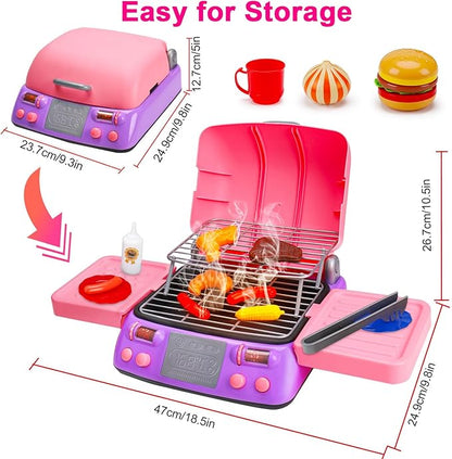 Kids BBQ Grill Playset Kitchen Toy Set with Pretend Smoke Sound Light Toddler Girls Pink Play Food Ages 3-5 4-8 Indoor Outdoor Cooking Barbecue Toys for 3 4 6 Year Old Girl Birthday Gift