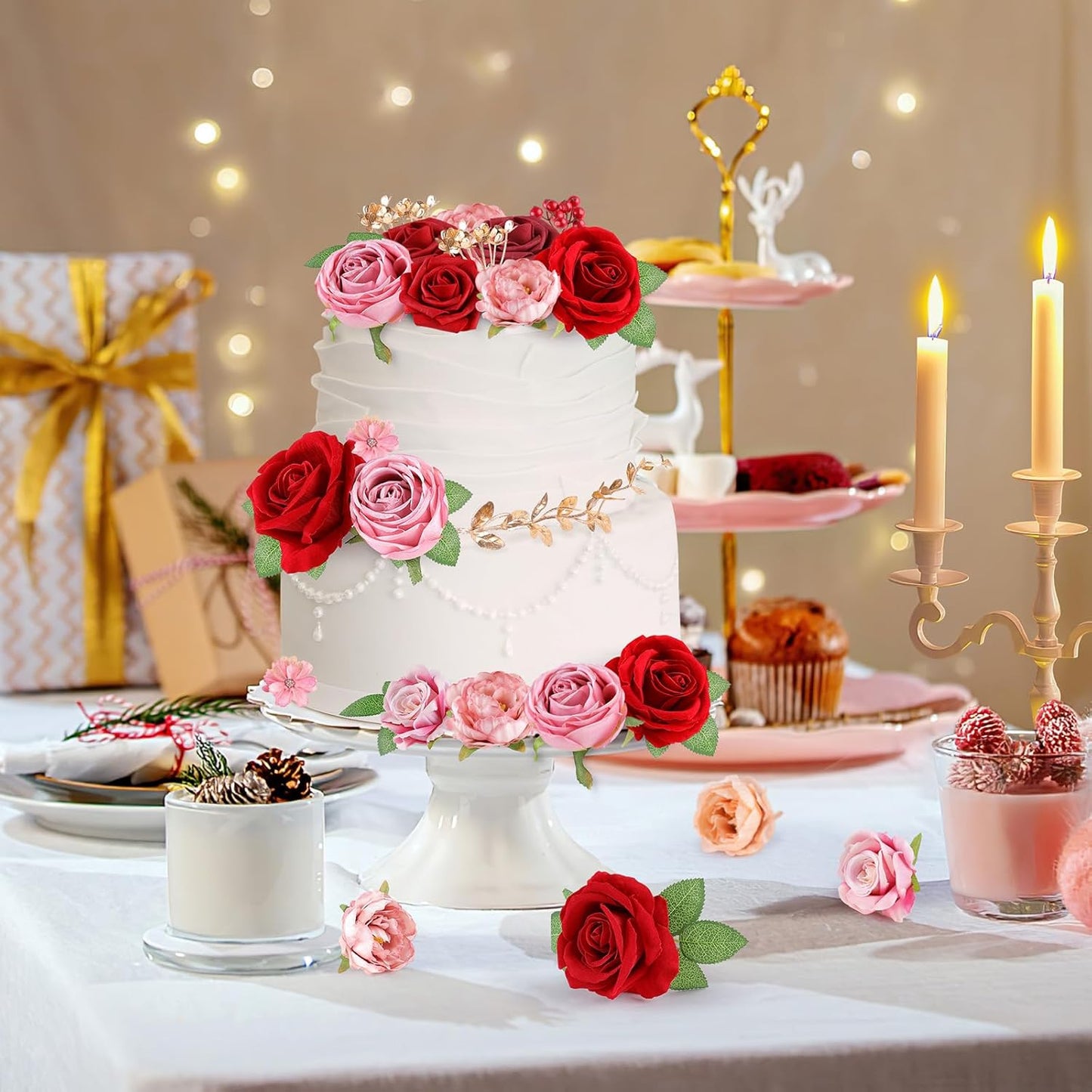 AGIRL Red Artificial Flowers Combo Fake Flowers Red Rose Silk Flowers Fake Floral Arrangements for DIY Wedding Bouquets Centerpieces Table Decor Baby Shower Home Decor