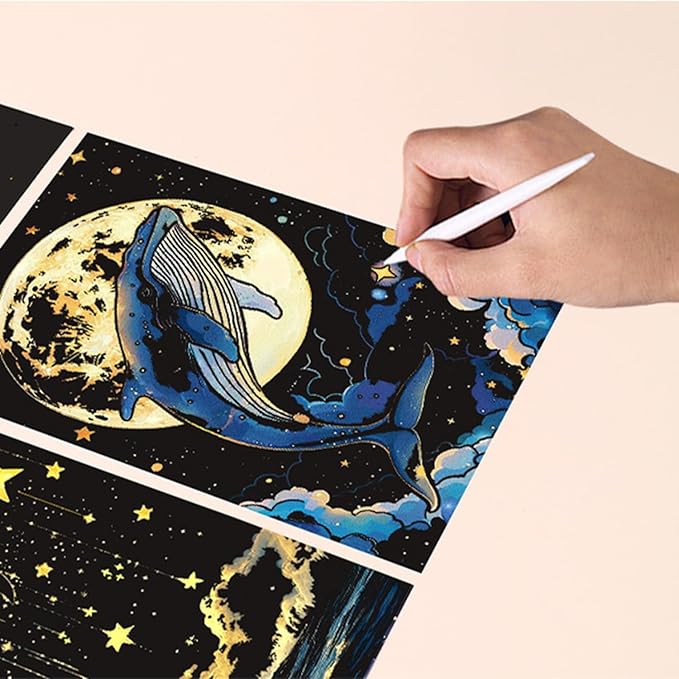 Georgie Porgy Scratch Paper Art Set for Kids Adults Magic Rainbow Scratchboards for DIY Arts and Crafts Kits Christmas Birthday Gift with Scratching Tools Kit (A5-Noctilucent Castle + Sea Animals)