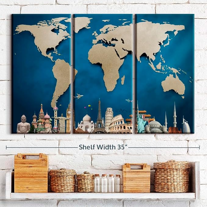 ElephantStock Ocean Blue World Map Multi Piece Canvas - 3 Panel Wall Decor - Map of the World Art - Canvas for the Office and Home - 33" X 20"