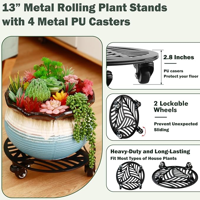 3 Packs Large Metal Plant Caddy with Wheels 13” Heavy-duty Wrought Iron Rolling Plant Stands with Casters Indoor Outdoor Planter Roller Base Plant Movers Black, Strong Load Capacity