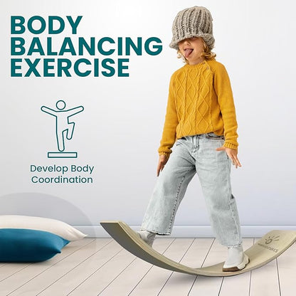 Kids Balance Board- Wobble Stability, Balancing Board For Kids, Kids Wooden Toys - Made of Beech Plywood - 32.28"L x 11.81"W x 0.59"H - Up to 500 Lbs Capacity