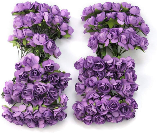 Mini Fake Rose Flower Heads 144pcs Mini Artificial Mulberry Paper Roses Flower with Wire Stem DIY Wedding Flowers Accessories Make Bridal Hair Clips Headbands Dress (Purple)