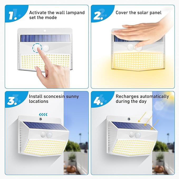 Peasur 6 Packs Solar Outdoor Lights Motion Sensor, Solar Security Lights Waterproof with 3 Lighting Modes Solar Powered Wall Lights Outside for Garden Fence Yard Deck, Warm White