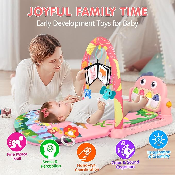 UMIKU Baby Play Mat Baby Tummy Time Mat Infant Newborn Musical Activity Center with High-Contrast Piano Music & Light Newborn Babies Gift for Girl Boy Babies 0-6 6-12 Month Pink Dinosaur