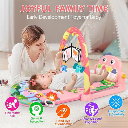 UMIKU Baby Play Mat Baby Tummy Time Mat Infant Newborn Musical Activity Center with High-Contrast Piano Music & Light Newborn Babies Gift for Girl Boy Babies 0-6 6-12 Month Pink Dinosaur