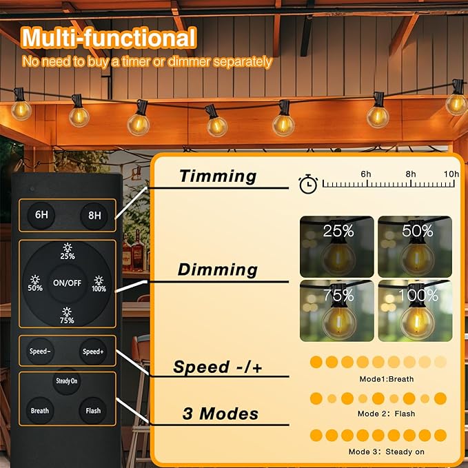 DAYBETTER 100FT Solar String Lights Outdoor Waterproof with Remote,50 LED Bulbs Dimmable&Timer,Patio Lights 3 Installation-Clips,Stakes&Nails for Outside Porch Garden Backyard Bistro