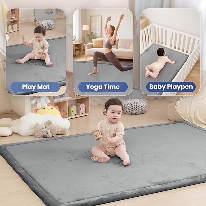 Baby Play Mat for Floor,1.3" Thick Memory foam Tummy Time Mat,Water Repellent Soft Velvet Nursery Rug,Extra Large Non Slip for Crawling,Toddlers,Infants,kids,Tatami Style for Living Room(Dark Grey)