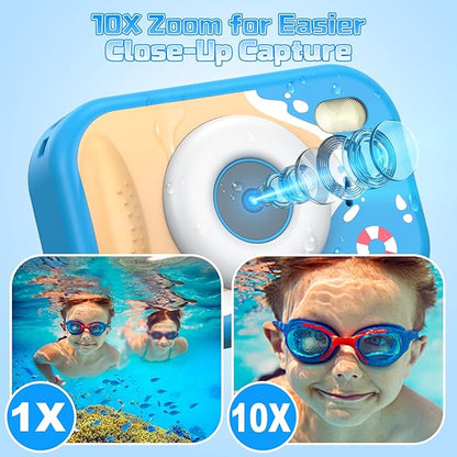 Kids Camera Waterproof, IP68 Underwater Camera for Kids Aged 3-12, HD Kids Digital Camera with 1080P Video Recording, Durable ABS Material, Pool Toys for Boys Girls with 32GB Card(Blue)