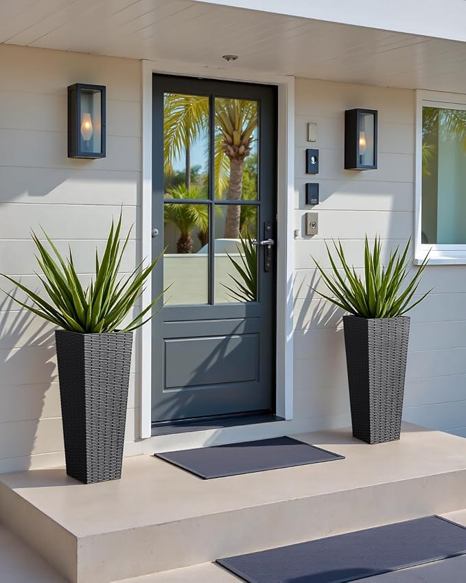 Greesum 24 Inch Tall Plastic Planters with Rattan Texture – Set of 2, Detachable Inner Pot & Drainage Holes, Indoor/Outdoor Decorative Flower Pots for Large Plants, Trees, Patio, and Garden, Black