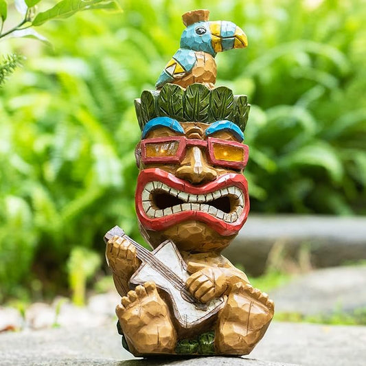Solar Tiki Statue Decor-Outdoor Statues-Funny Guitar - Tiki Bird Tiki Bar Decorations 11.69 inch Tall for Outdoor Patio, Balcony, Yard, Backyard,Lawn,Tiki Gifts