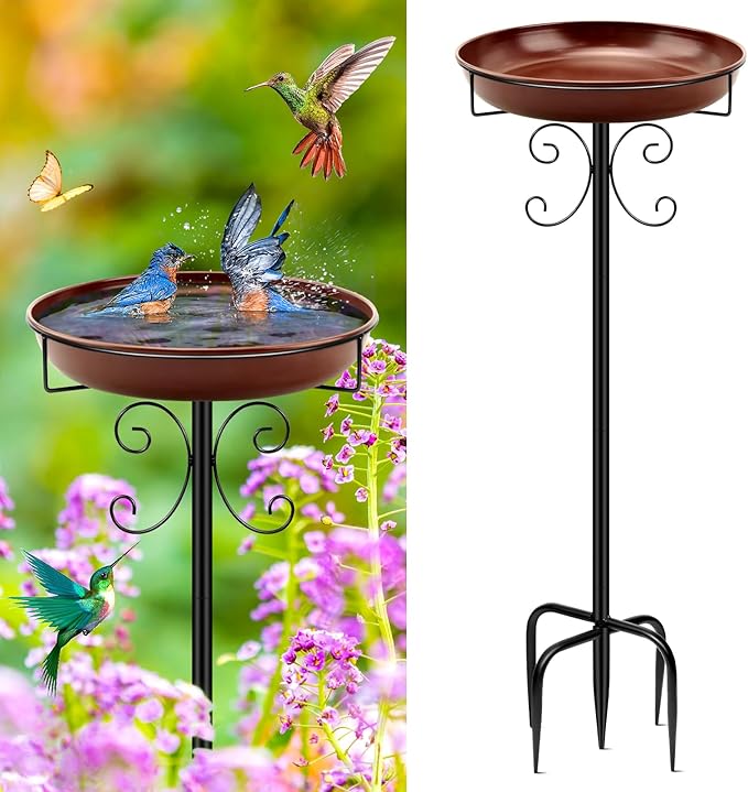 Daoeny Heavy Duty Bird Baths for Outdoors, 35In Outdoor Freestanding Birdbaths & Birdfeeder, Bird Bath Feeder Bowl with Metal Stake Garden Patio Yard Lawn Decor, Upgraded 5-Pronged Base (Brown)