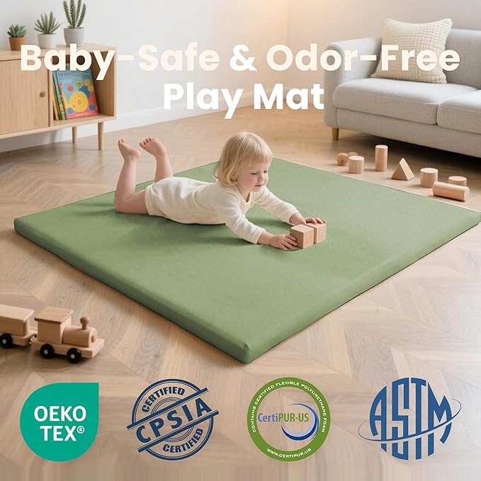 Baby Play Mat 50x50 Inches,1.3" Thick Padded Waterproof Floor Cushion & Playpen Mat with Vegan Leather,Non-Slip & Non-Toxic Nursery Rug for Infants, Toddlers & Kids(Green)