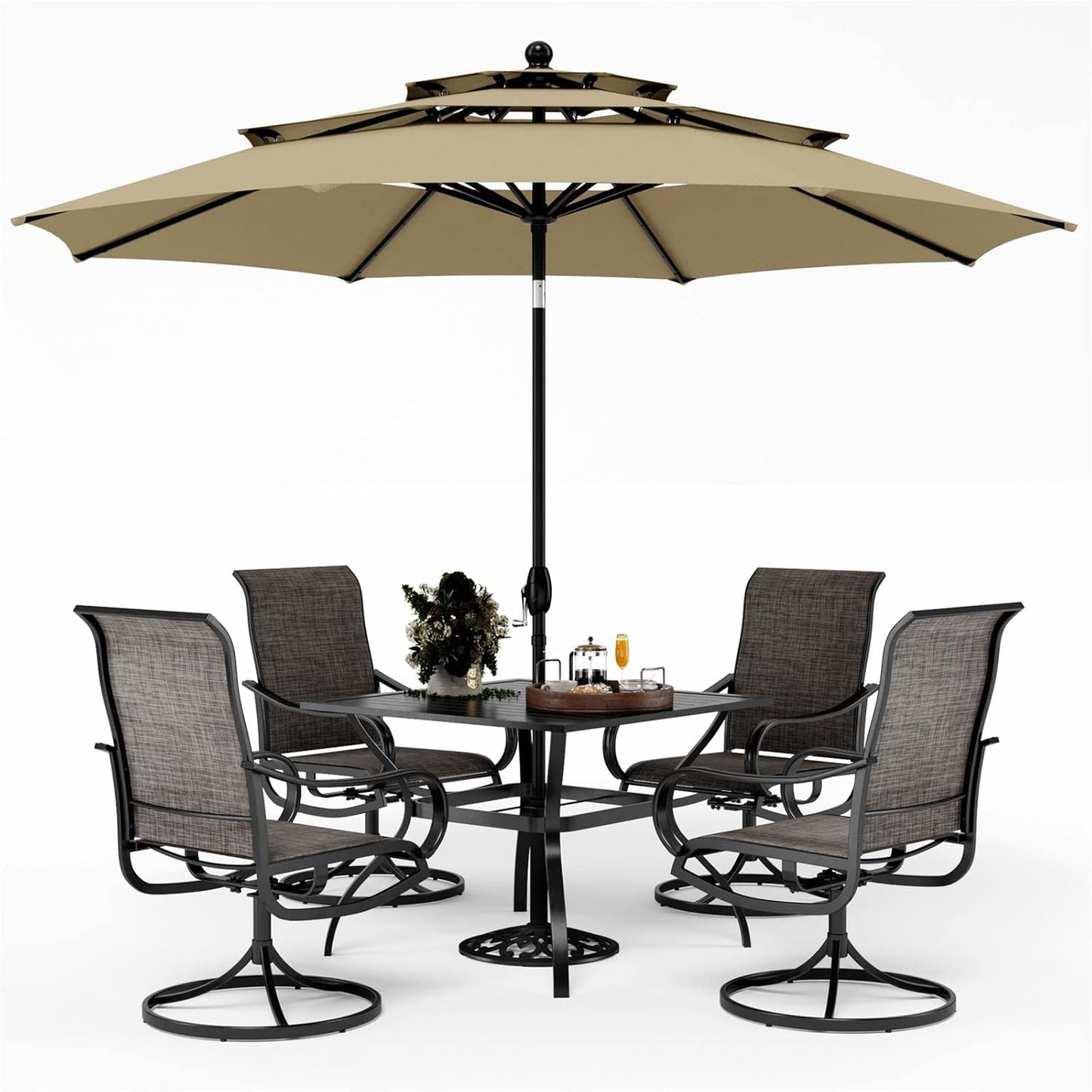 PHI VILLA Patio Table and Chairs Dining Set with Umbrella for 4, Outdoor Dining Set with 4 Swivel Patio Chairs, 1 Square Metal Dining Table and 10ft Beige Large Patio Umbrella (No Umbrella Base)