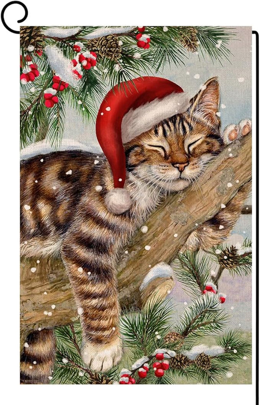 BLKWHT Winter Cat Garden Flag 12x18 Vertical Double Sided Christmas Holiday Outside Decorations Burlap Yard Flag BW738