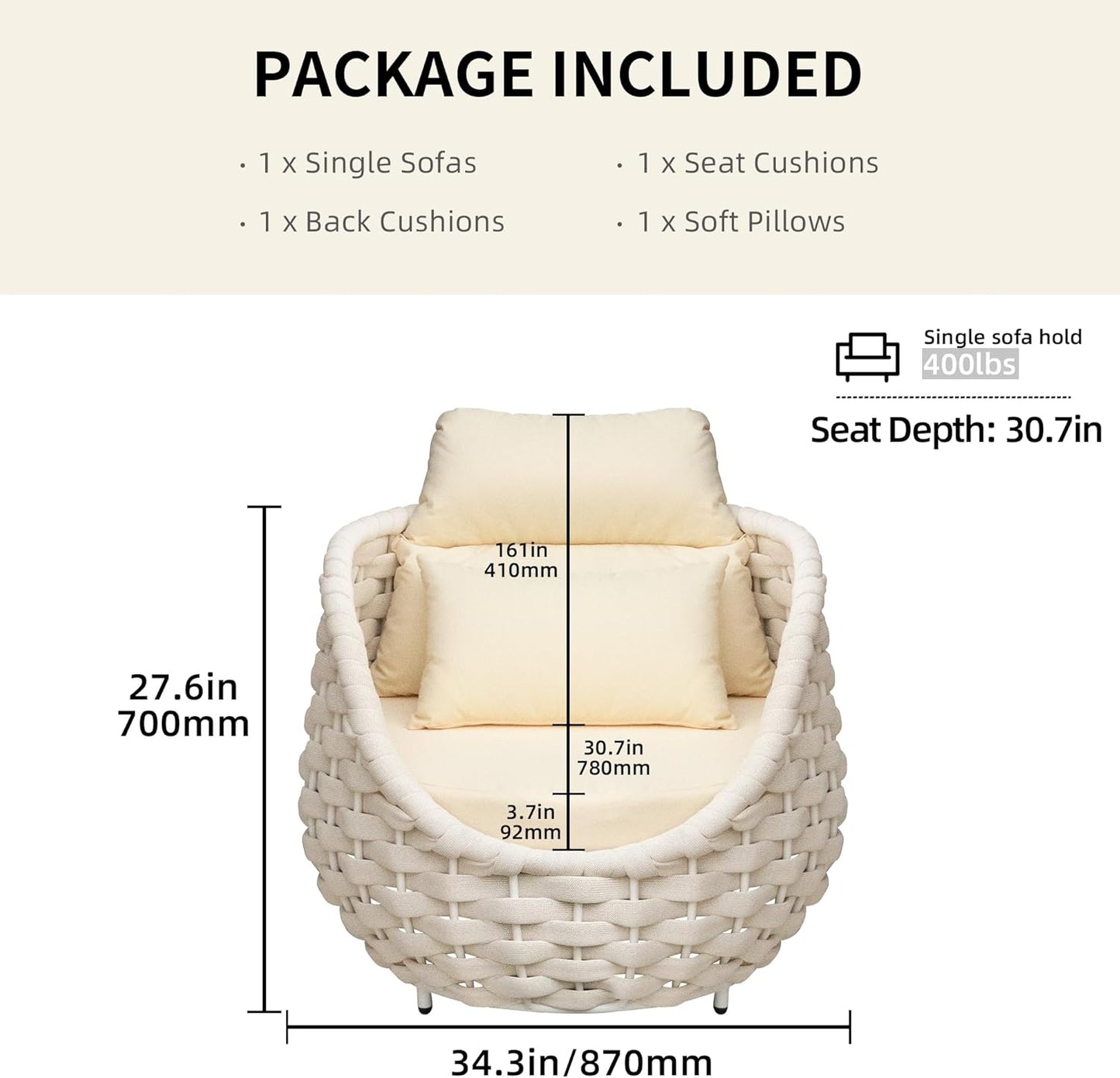 TWT Patio Sofa All-Weather Olefin Rope Balcony Furniture with Cushions & Pillows, Patio Couch Outdoor Patio Furniture Set for Indoor, Balcony, Backyard, Deck, Poolside, Cream