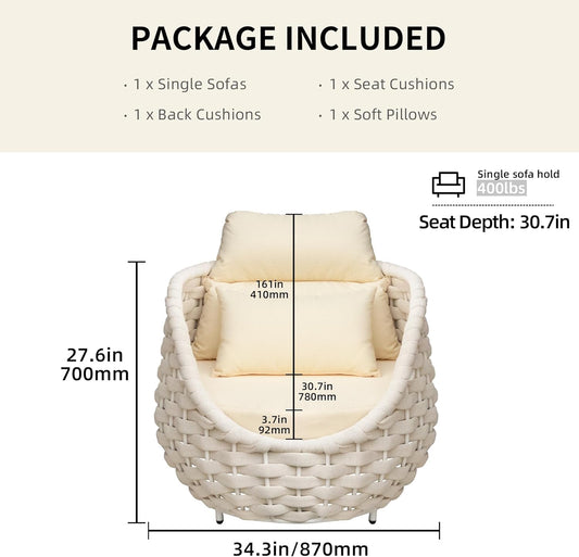 TWT Patio Sofa All-Weather Olefin Rope Balcony Furniture with Cushions & Pillows, Patio Couch Outdoor Patio Furniture Set for Indoor, Balcony, Backyard, Deck, Poolside, Cream