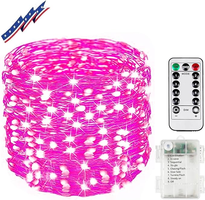 66Ft 200LED Fairy Lights Battery Operated with Remote, Waterproof Christmas String Lights with Timer for Indoor & Outdoor, Twinkle Light for Girl's Room Honeymoon Mother's Day Valentines Decor (Pink)