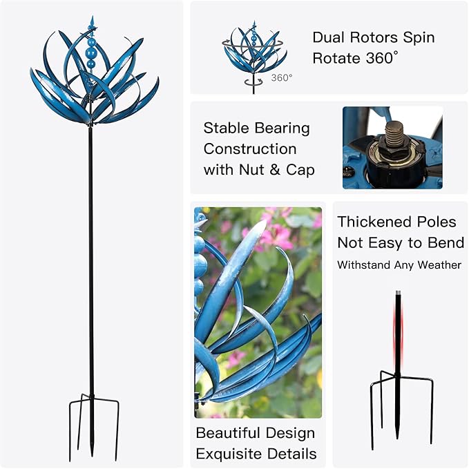 91 inch Wind Spinners Outdoor - Extra Large Outdoor Metal Wind Sculptures Spinners with Stake, Windmills for The Yard Garden, Yard Art Garden Lawn Decor - Blue (27" W x 91" H)