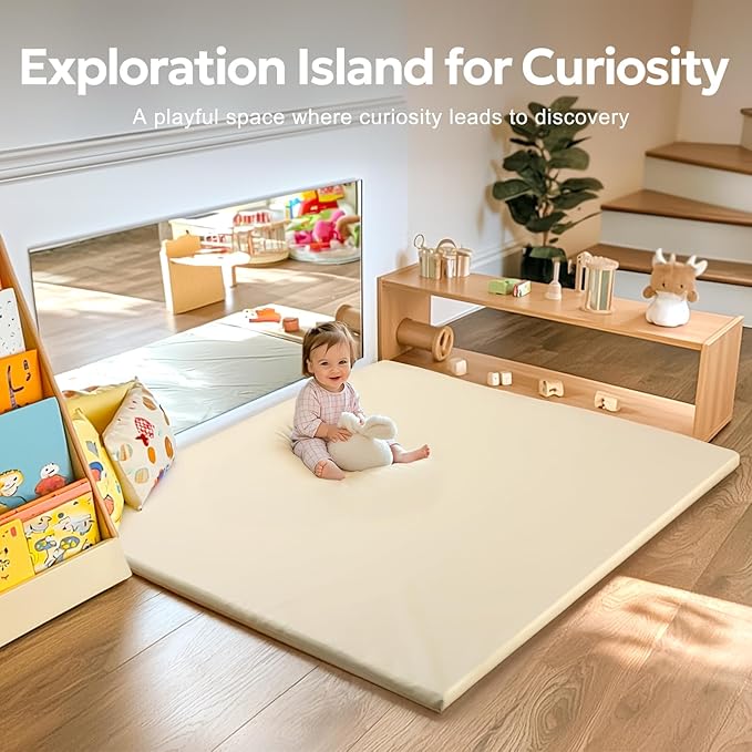 Mallify Baby Mat for Floor, Thick Soft Non-Toxic Vegan Leather Baby Play Mat, Waterproof Foam Play Mat, Padded Play Mat for Baby, 48x48 Playpen Mat, Infant Playmat for Baby Girls and Boys, Beige