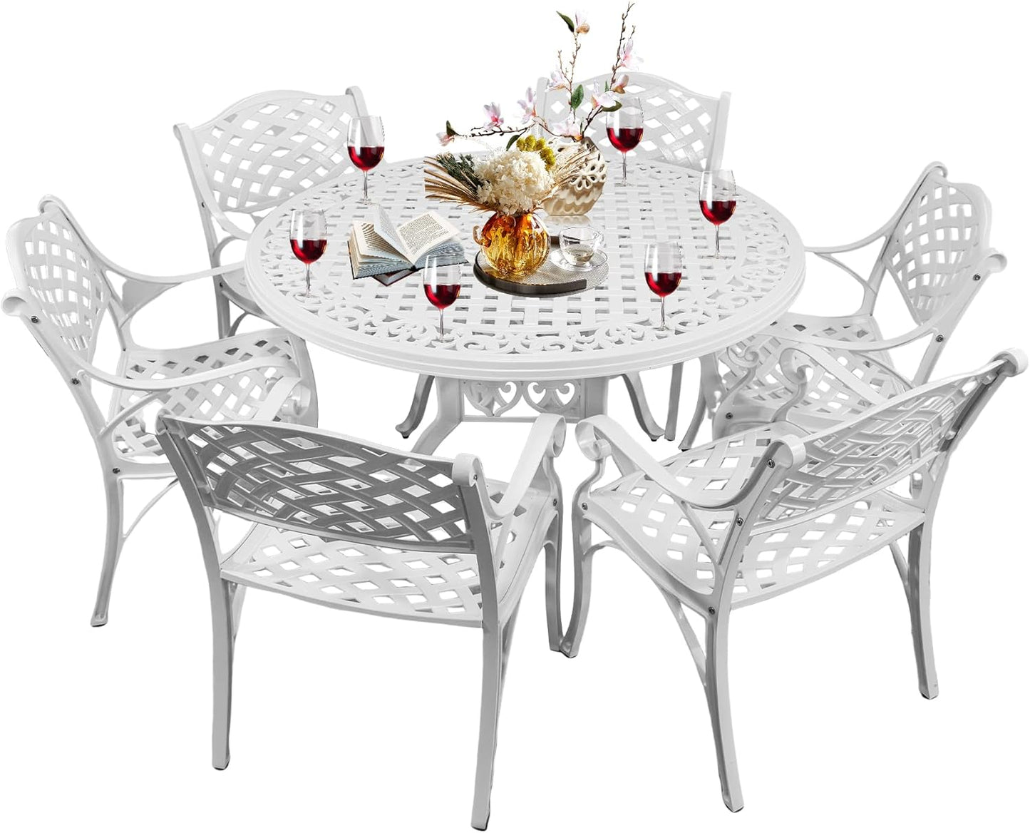 7 Pieces Cast Aluminum Outdoor Dining Set, Round 48" Dining Table with 2.36" Umbrella Hole and 6 Armchairs,All-Weather Patio Bistro Dining Set Outdoor Furniture Set for Patio, Balcony,White