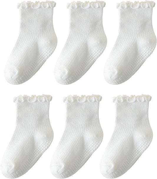 6 Pairs Toddler Ruffle Socks for Girls - Baby Grip Socks with Non-Slip, Cute Grippy Frilly Design