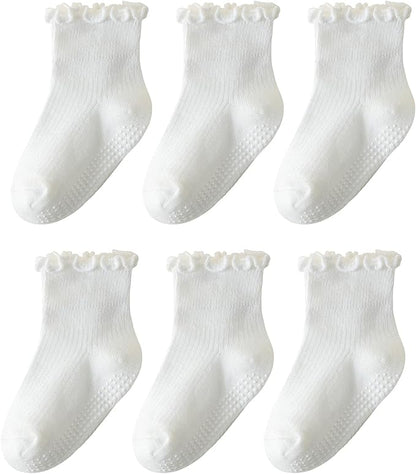 6 Pairs Toddler Ruffle Socks for Girls - Baby Grip Socks with Non-Slip, Cute Grippy Frilly Design