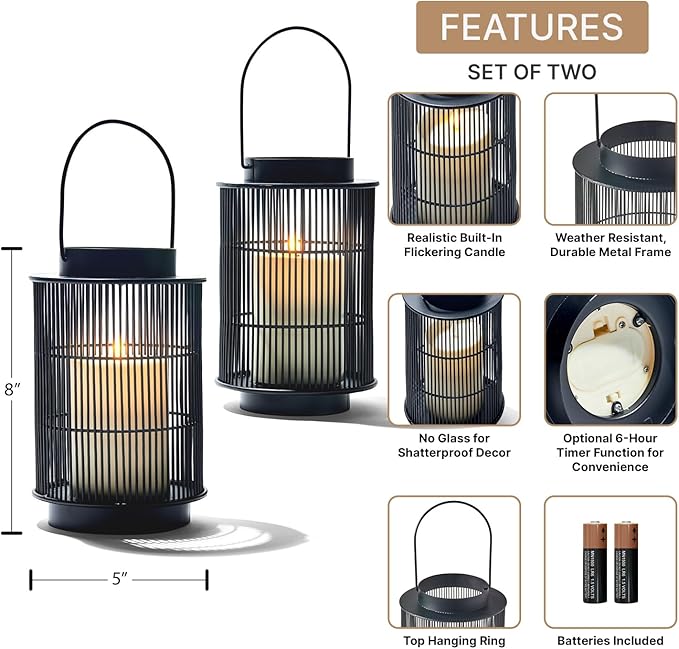 LampLust Outdoor Lantern Decorative Outdoor Patio Decor, Set of 2, 8 Inch Candle Lanterns, Black Metal, Outdoor Lanterns for Patio Waterproof, Battery Included, Modern Farmhouse Front Porch Décor