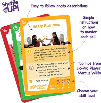 Shuffle Up Tennis Card Games - 70+ Fun & Active Skills Cards for Kids, Fitness Cards Develop Fundamentals, Stamina & Strength, Easy to Play for Kids | Multiple Skill Level Cards Include 2 Dices